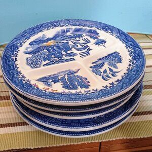 5 Blue Willow Tri divided Grill plates. Very rare